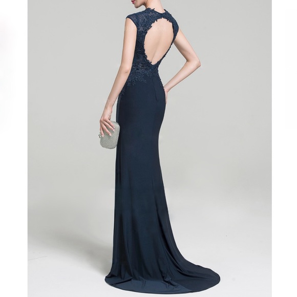 NWT Lace Embellished Beads Trumpet Mermaid Sweep Train Evening Dress Blue 4 - Picture 3 of 11